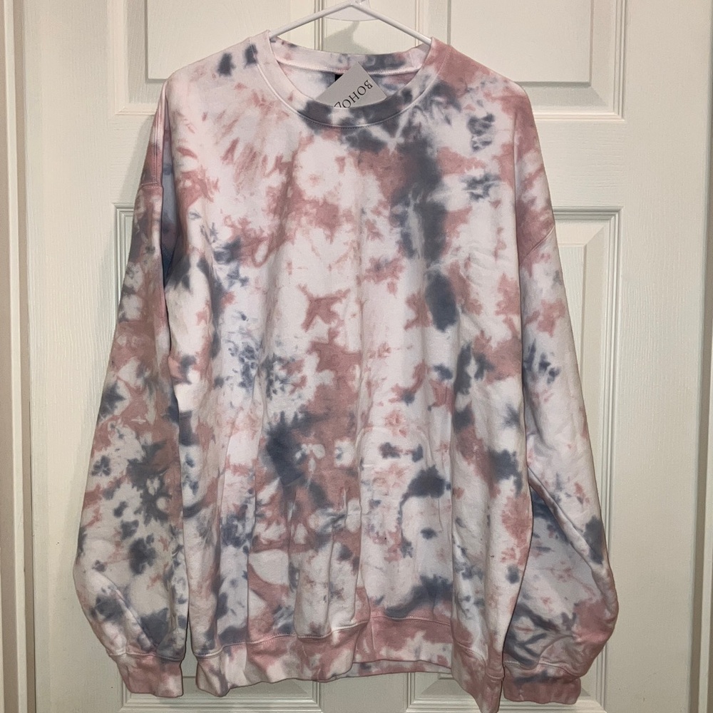 Tie Dye Oversized Sweatshirt XL Blue Gray Rose White New